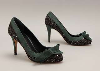 9299 Tweed Fabric Suede Ribbon Heels Handmade Pumps Green US  