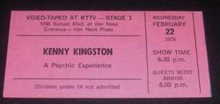 Kenny Kingston Psychic Experience TV Taping Ticket 1978  