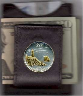 Gold on Silver Maine Statehood Quarter in a Folding Leather Money Clip 