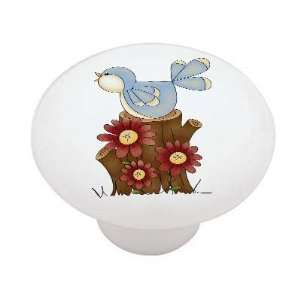 Blue Bird on Tree Stump High Gloss Ceramic Drawer Knob 