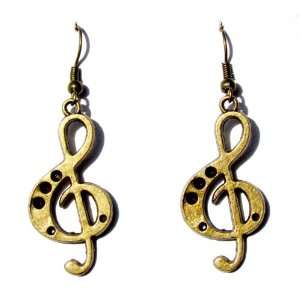 Treble Clef Music Dangle Earrings in Antiqued Bronze on French Wires 