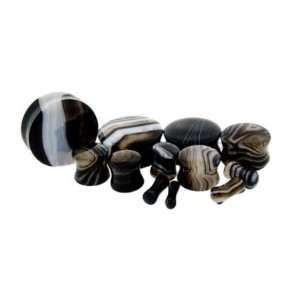 00G Black Line Agate Natural Stone Double Flare Plugs   Sold As a Pair