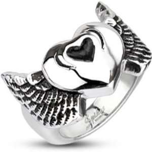   Spikes Mens Stainless Steel Winged Heart 20mm Wide Cast Ring Jewelry