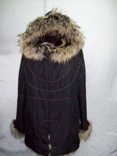O5 New black horizontal fox fur polyester parka coat  