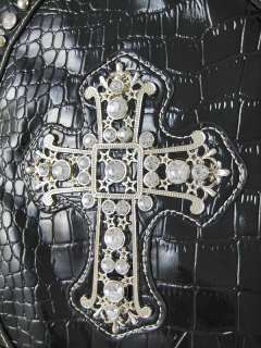 Black Mock Croc Bible Cover W/ Ornate Rhinestone Cross  