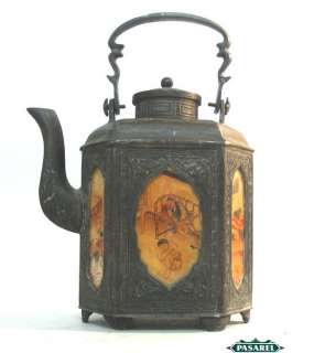 Fine Chinese Pewter And Painted Glass Teapot China 1920  