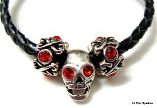 Black Gothic Red Crystal Skull Boys Girls Braided Leather Bead Charm 