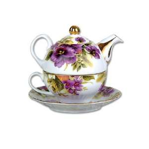   Garden Purple Pansy Flower Teapot & Cup   Tea for One Tea Pot Cup Set