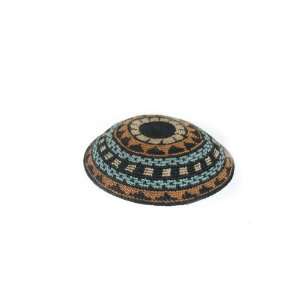   cm brown and blue knitted Kippah with circular design 