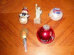 Lot of 5 Ornaments Statue of Liberty Patriotic Snowman Glass + More 