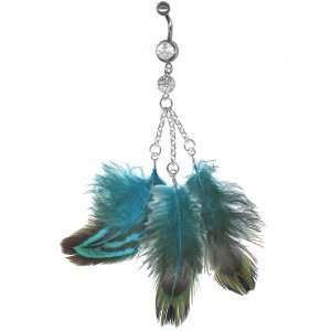  Tantalizing Teal Feather Belly Ring 14g 3/8 Jewelry