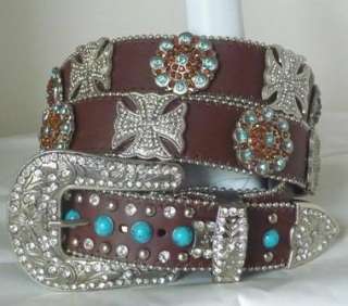 WESTERN BROWN TURQUOISE BLUE TOPAZ CROSS CONCHO COWGIRL BLING LEATHER 