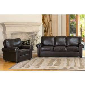  Bliss Leather Sofa and Chair Set in Rich Dark Brown 