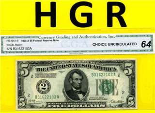 HGR 1928A $5 FRN Numerical#2 CGA CHOICE UNC 64  