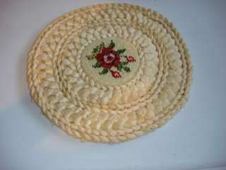 VINTAGE HOT PAN HOLDER TABLE TOP WICKER ROSE EMBROIDERY  