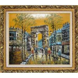 Paris Arch de Triumph Oil Painting, with Ornate Antique Dark Gold Wood 