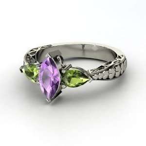 Hearts Summit Ring, Marquise Amethyst Sterling Silver Ring with Green 