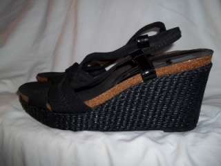   Black Fabric Rafia & Cork Strappy Wedge Sandals Shoes 9.5M  