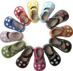 Girl Leather Squeaky Shoes with Polka Dots Black, Yellow, Blue, Brown 