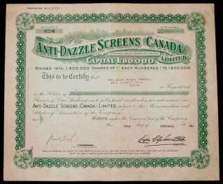  Screens (Canada) Limited Share Certificate. Dated February 28, 1929 