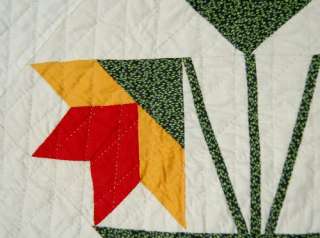 1870s Red, Green & Cheddar Carolina Lily Antique Quilt  