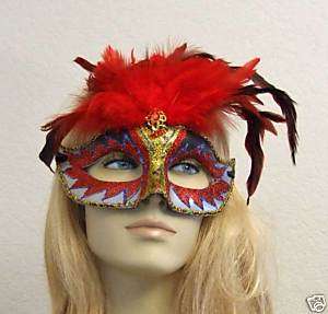 Red Starburst Glitter Feather Masquerade Mask Costume  