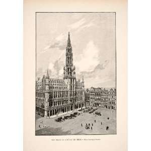  1894 Print Brussels Town Hall Hotel Ville Spire Tower 