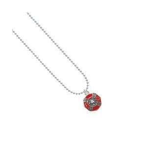 Red Enamel Fire Department Medallion Silver Plated Ball Chain Charm 