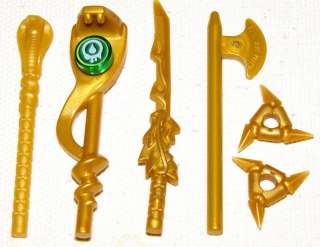   LOT OF GOLDEN NINJAGO WEAPONS GREEN SNAKE STAFF DRAGON SWORD AND MORE