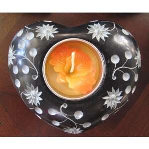 Heart Shaped Tealight Candle Holder, Black Soapstone, Flowers & Dots 