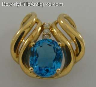 Beautiful Large Gem Blue Topaz Diamonds 14k Yellow Gold Pendant  