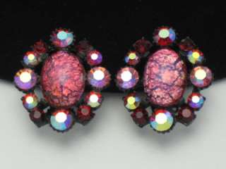 Vintage Signed CLAUDETTE Brooch Pin Earring SET Crackle Art Glass Pink 