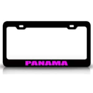 PANAMA Country Steel Auto License Plate Frame Tag Holder, Black/Pink