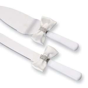  Stainless Steel Cream Rhinestone Knife & Server Set 