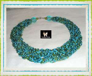 VTG 18 in glass teal & lime green seed bead necklace  
