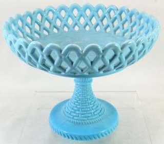 Antique Blue Custard US Glass Lattice Edge Compote Bowl  