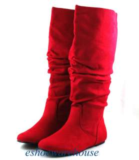 Cutie Chic Slouch Comfy Flat Knee Boots Suede Red  