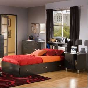  Twin Wood Bookcase Bed 3 Piece Bedroom Set in Black: Furniture & Decor