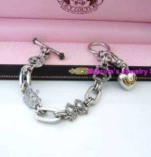 Auth Juicy Couture Silvertone Pave Luxury Heart Charm Bow Crown 