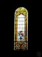 Antique Romanesque Arch Top Floral Stained Glass Window  