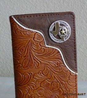   WESTERN TAN TOOLED SILVER TEXAS STAR CONCHO CHECKBOOK RODEO WALLET