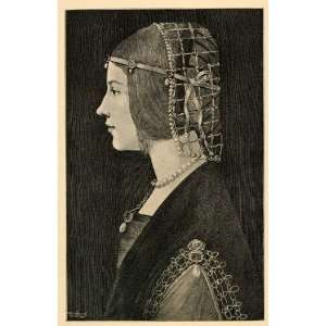 1908 Beatrice dEste Renaissance Portrait da Vinci   Original Halftone 