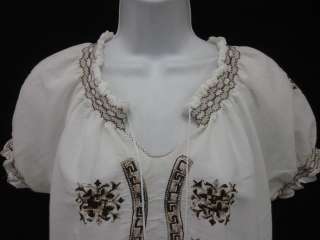 DESIGNER White Brown Embroidered Peasant Shirt Top Sz S  