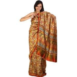 com Beige Banarasi Sari with Printed Flowers and Paisleys   Art Silk 