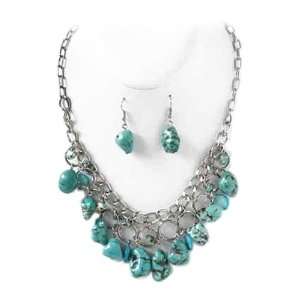   Silver and Turquoise Stone Necklace and Earrings Set Fashion Jewelry