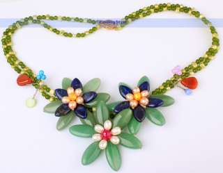 Handmade 2Strds 21 Lapis Jade Pearl Flower Necklace  FINDINGJEWELRY 