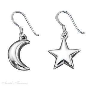   Silver Puffed Moon Star Mismatch Pair Dangle Earrings: Jewelry