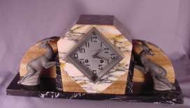 Piece Art Deco Marble & Metal Clock Set  