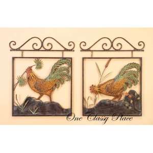  Rooster Metal Wall Decor 2 Pcs Set: Home & Kitchen