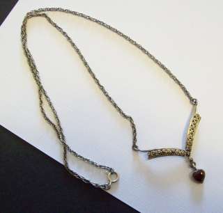   Vintage Sterling Marcasite Red Dangle Heart Lavalier Necklace  